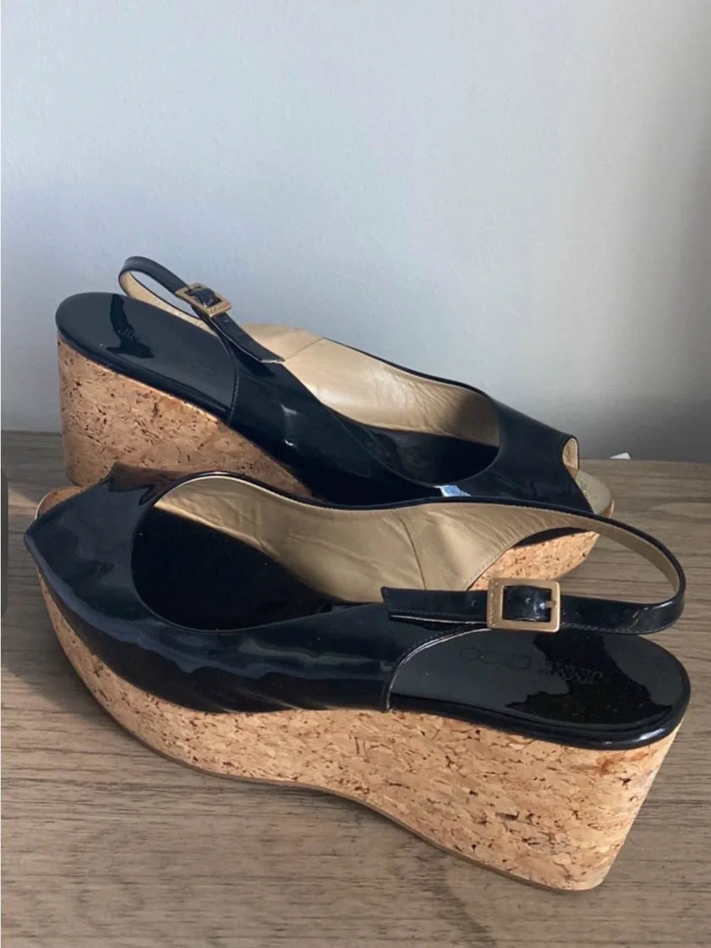 Jimmy Choo Black Patent Leather Wedge Peep-Toe Size IT 41 - US 10.5 width 3”